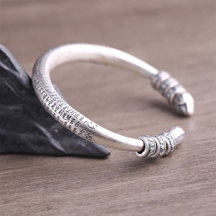 Buddha Stones 999 Sterling Silver Heart Sutra Om Mani Padme Hum Inciso Peace Purezza Bracciale Bangle - image 4