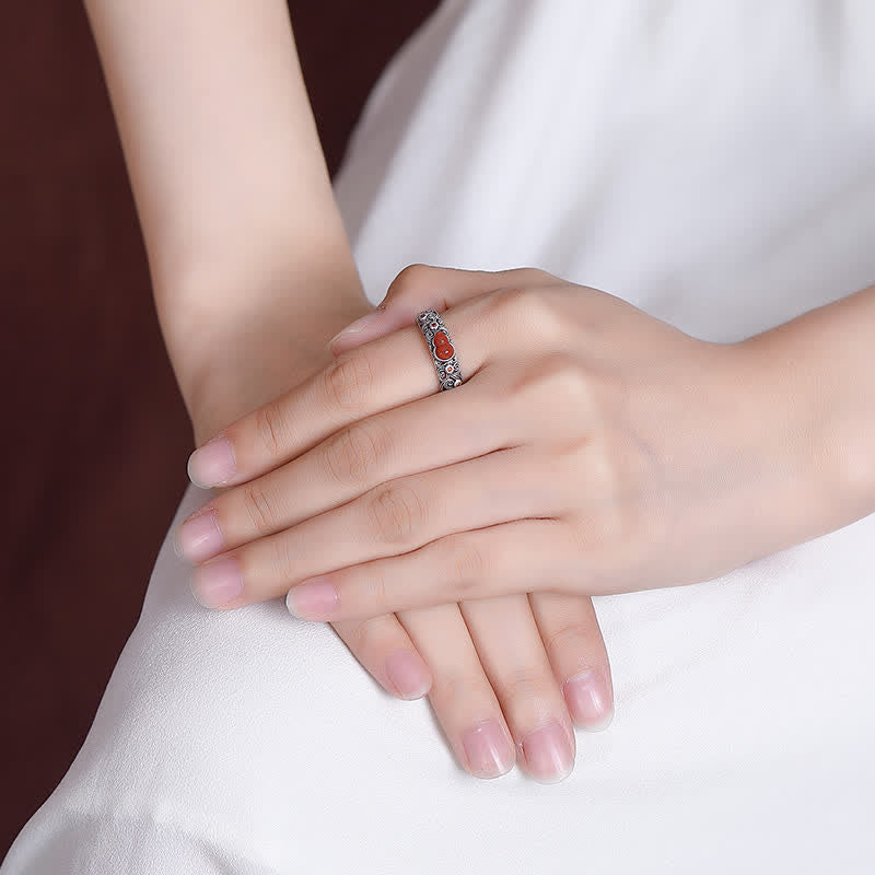 Anello di buon auspicio con zucca, giada ciano e agata rossa in argento sterling 925