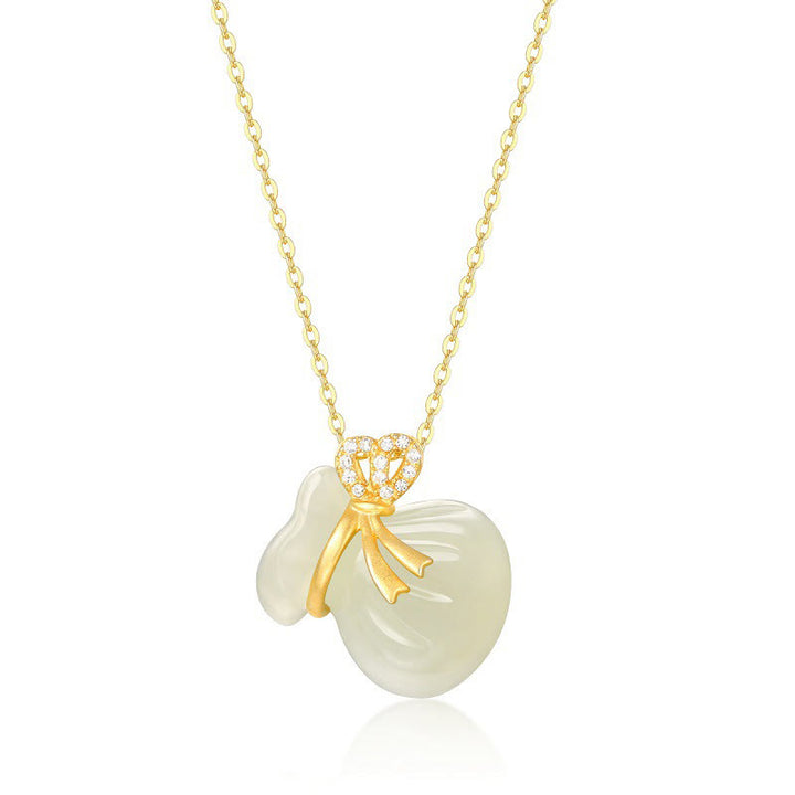 Collana con ciondolo a forma di borsa porta soldi in giada bianca naturale Hetian Buddha Stones