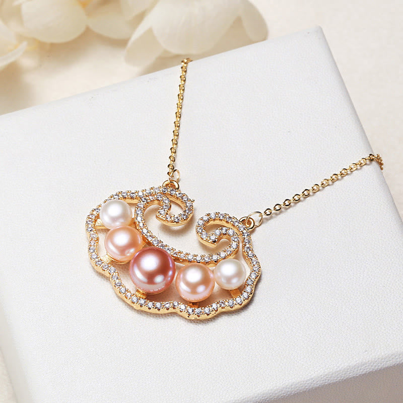 Collana con ciondolo con lucchetto cinese in perle naturali placcate in oro 18 carati, motivo : Buddha Stones