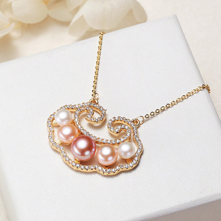 Collana con ciondolo con lucchetto cinese in perle naturali placcate in oro 18 carati, motivo : Buddha Stones