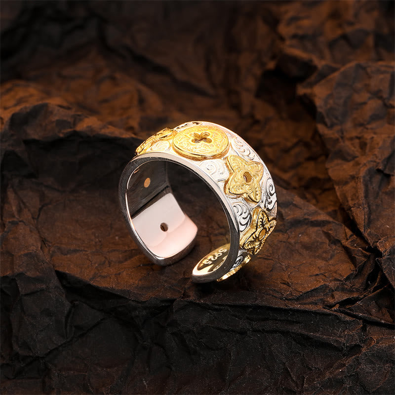 Anello portafortuna con motivo floreale della dinastia Tang in argento sterling 925 Buddha Stones