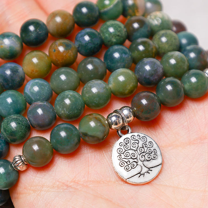 Buddha Stones 108 Mala Beads Agata indiana Loto OM Buddha Albero della vita Braccialetto di calma positiva