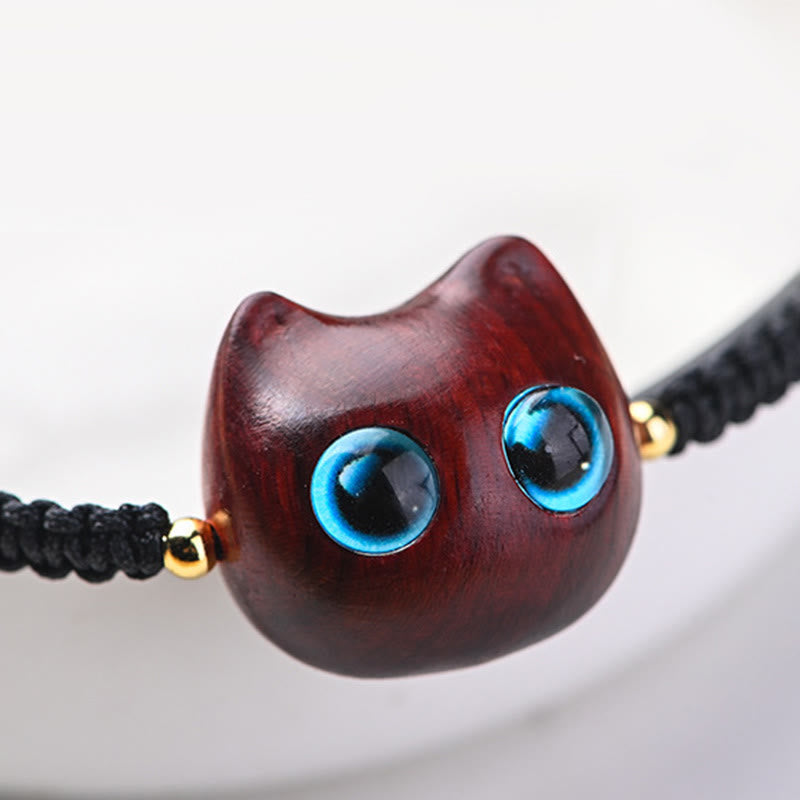 Braccialetto intrecciato con testa di gatto, piccola foglia, sandalo rosso, ebano, protezione calma, Buddha Stones - image 7