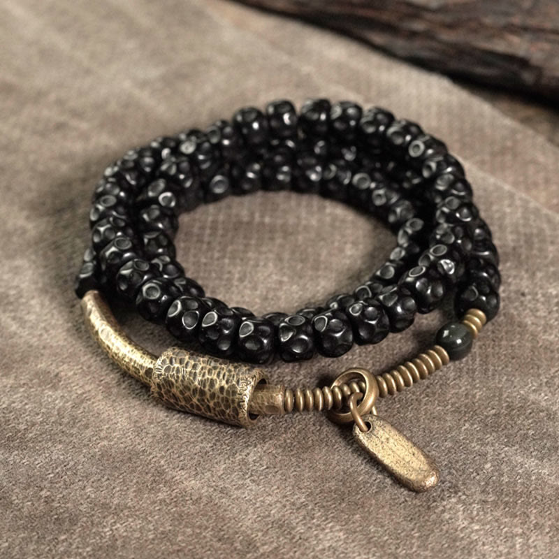 Bracciale triplo giro in ottone e rame con guscio di cocco retrò Buddha Stones - 17-17,5 cm - image 0