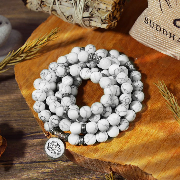 Braccialetto di guarigione Mala di loto turchese bianco Buddha Stones