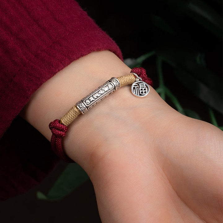Buddha Stones 999 Sterling Silver Tibet Fatto a mano Om Mani Padme Hum Fu Carattere TopRank Carattere Fortuna Braccialetto Intrecciato