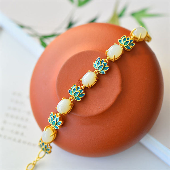 Braccialetto di protezione del loto in giada bianca e giada ciano Buddha Stones
