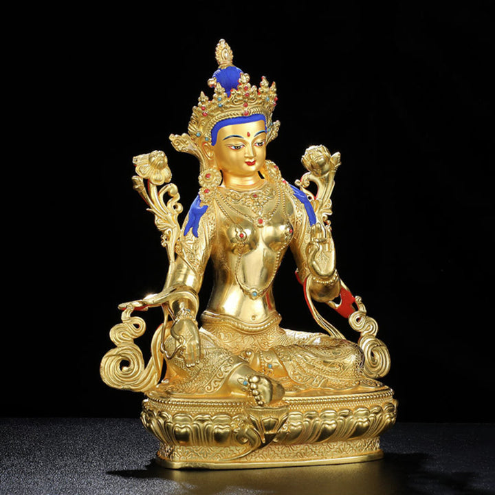 Decorazione statua in rame placcato oro Bodhisattva Tara verde protezione