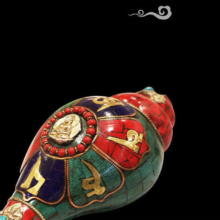 Shankha tibetano fatto a mano Om Mani Padme Hum Buddha Conch Shell Decorazione fortunata - image 6