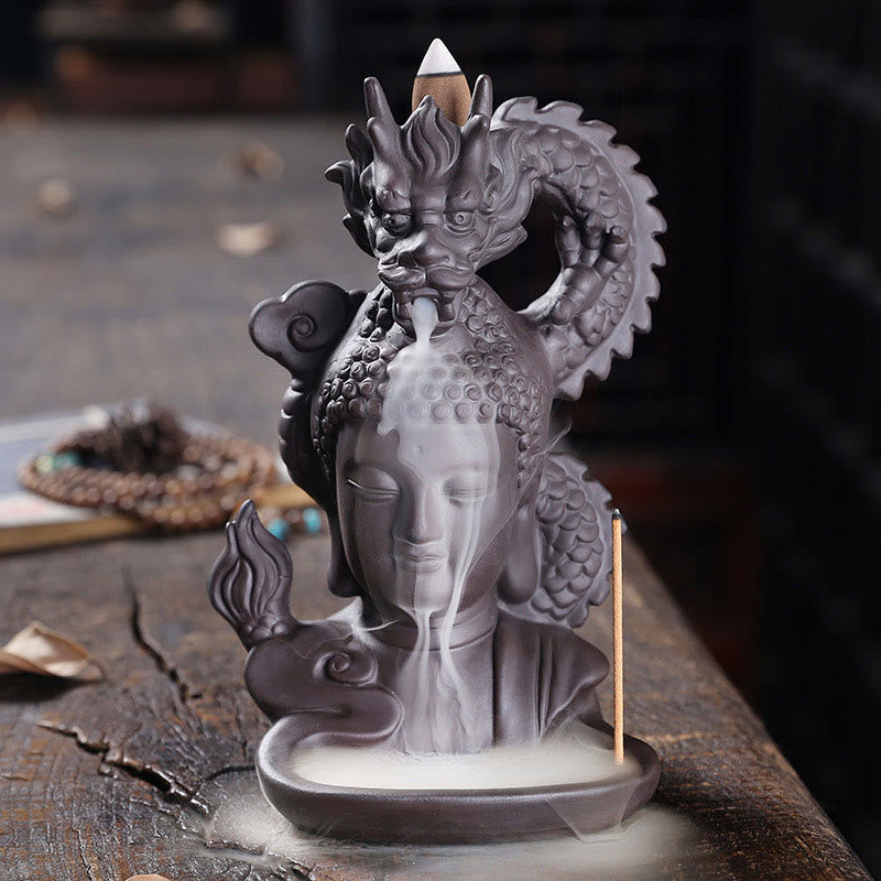 Buddha Stones Buddha Drago Nuvole di buon auspicio Argilla viola Bruciatore di incenso curativo Decorazione