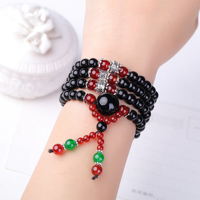 Buddha Stones Bracciale Mala con 108 perle in ossidiana nera naturale e occhio di tigre - image 14