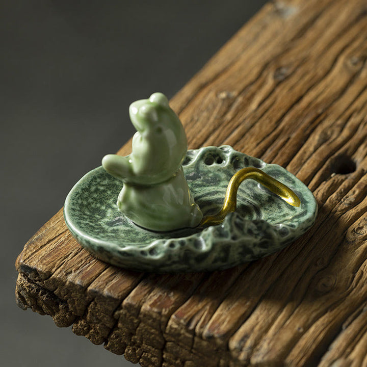 Buddha Stones Foglia Meditazione Rana Modello Guarigione Ceramica Bruciatore Incenso Decorazione