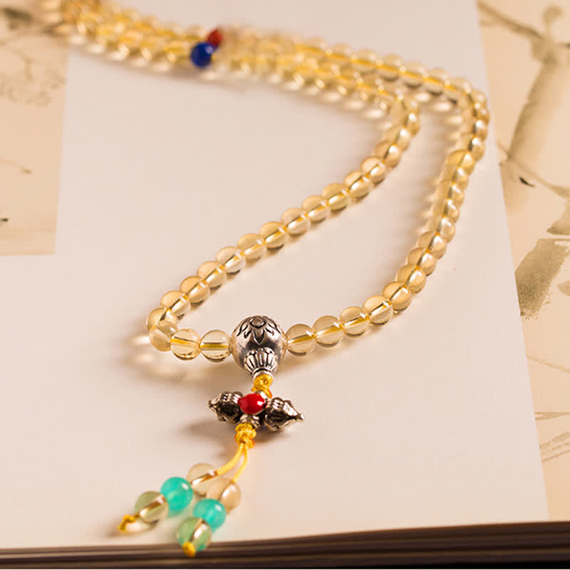 Braccialetto con ciondolo in argento sterling 925, 108 perline Mala, citrino naturale, agata rossa, ambra e piacere