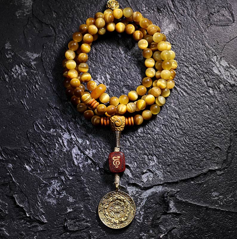 Buddha Stones 108 Mala Beads Natural Tiger Eye Rame Dorje Protezione Nappa Bracciale