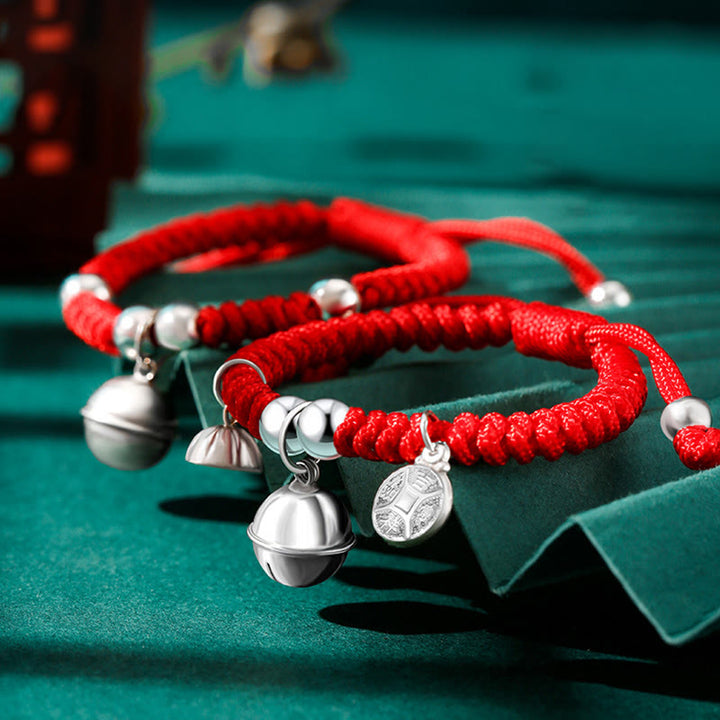 Buddha Stones 925 Sterling Silver Fatto a Mano Fu Carattere Portafortuna Sacchetto di Soldi Cinese Lucchetto Ciondolo Campana Loto Moneta di Rame King Kong Nodo Braccialetto Intrecciato per Bambini