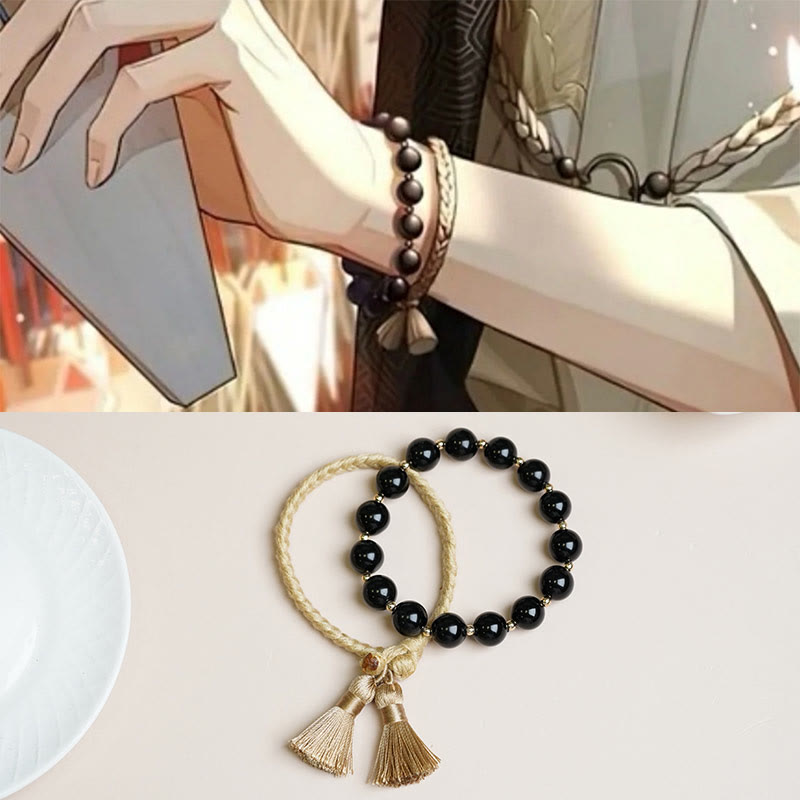 Braccialetto di supporto e protezione con perline di onice nero Buddha Stones 2 pezzi