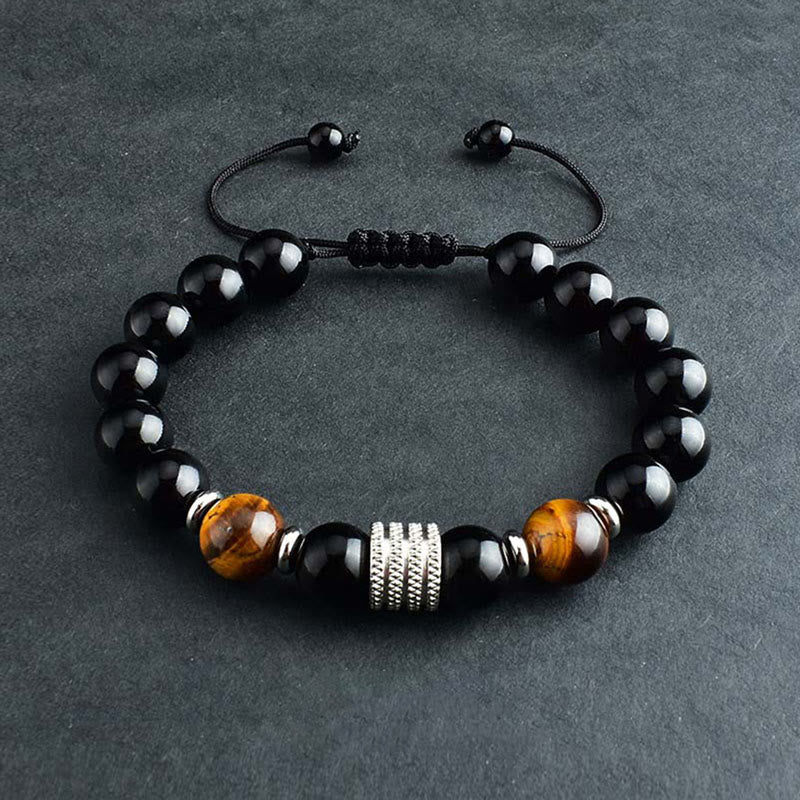 Bracciale Buddha Stones in ossidiana nera naturale con occhio di tigre e forza