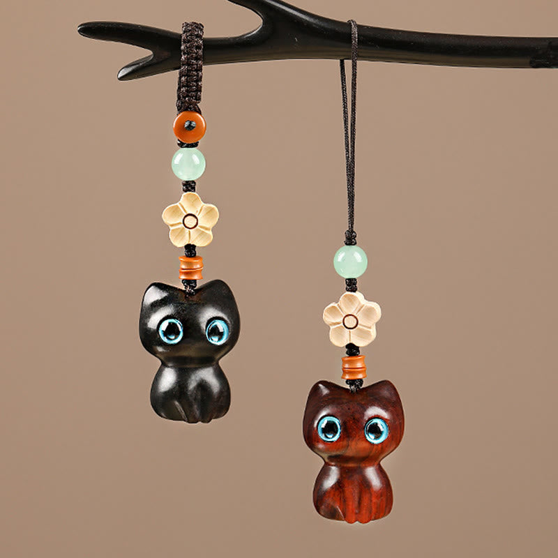 Buddha Stones Mini Piccola Foglia Sandalo Rosso Legno di Ebano Gatto Fortunato Adorabile Gattino Pace Portachiavi Telefono Appeso Decorazione - image 1
