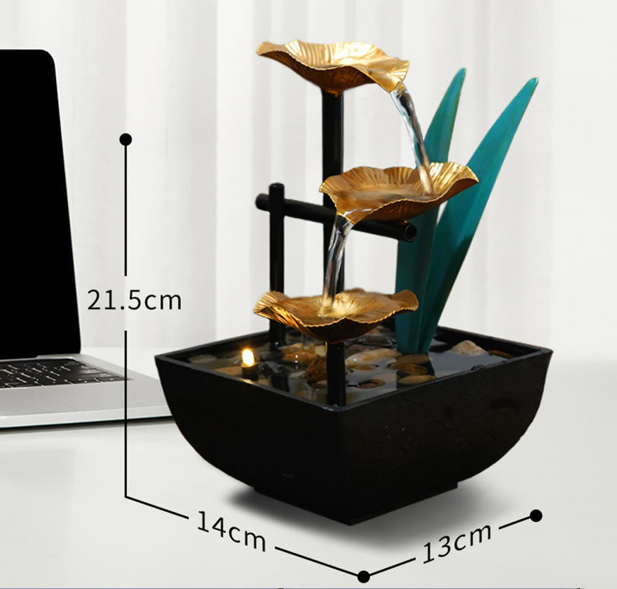 Buddha Stones Tre strati Fontana a cascata Ornamenti da tavolo di loto con rocce di fiume Decorazione da tavolo