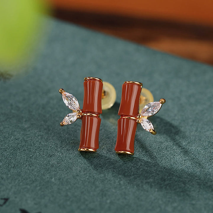 Orecchini a bottone con motivo di bambù e agata rossa, in argento sterling 925, Buddha Stones e giada ciano di Hetian, giada bianca e motivo di bambù