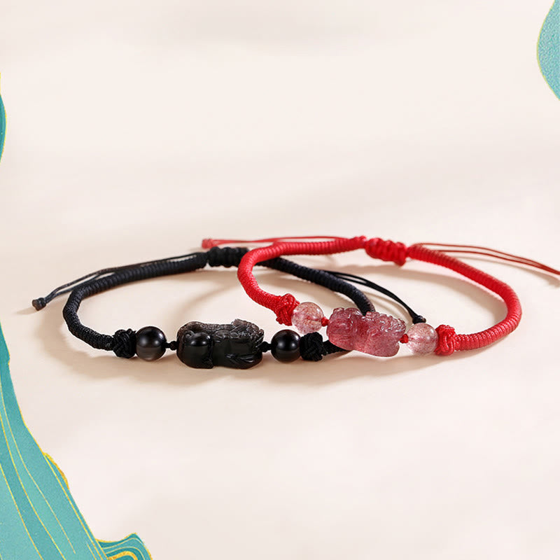 Braccialetto intrecciato di protezione PiXiu in quarzo fragola con ossidiana lucida in argento naturale fatto a mano Buddha Stones