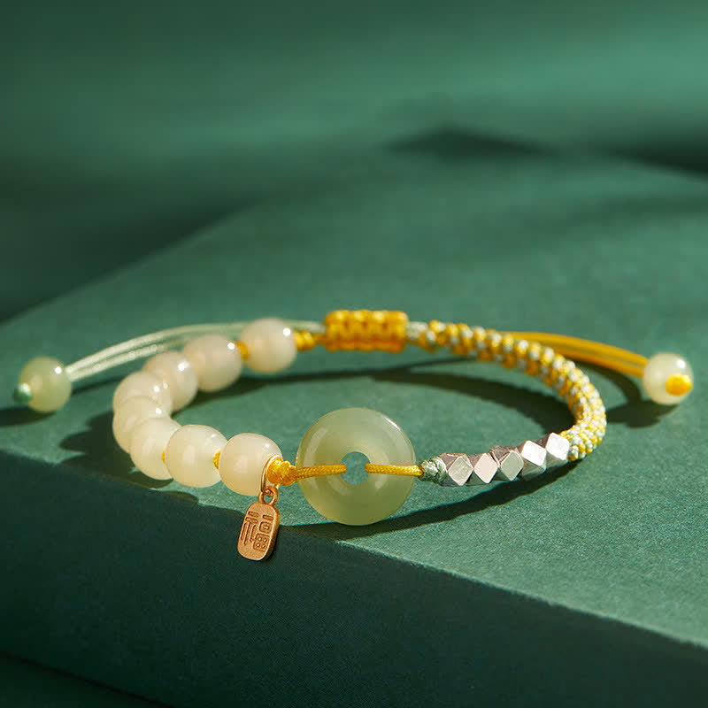 Braccialetto con ciondolo di fortuna e felicità con perline e fibbia della pace in giada Hetian in argento sterling 925 Buddha Stones - Giallo - image 1