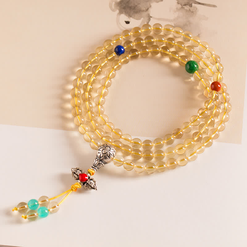 Braccialetto con ciondolo in argento sterling 925, 108 perline Mala, citrino naturale, agata rossa, ambra e piacere