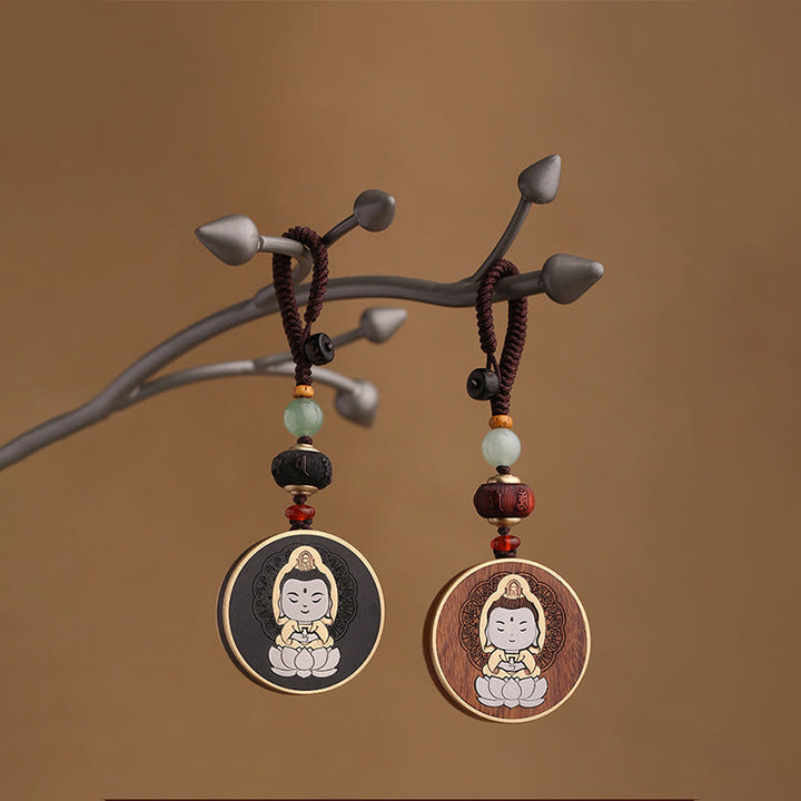 Buddha Stones Legno di ebano Palissandro Buddha Avalokitesvara Om Mani Padme Hum Equilibrio Decorazione della catena chiave dell'auto