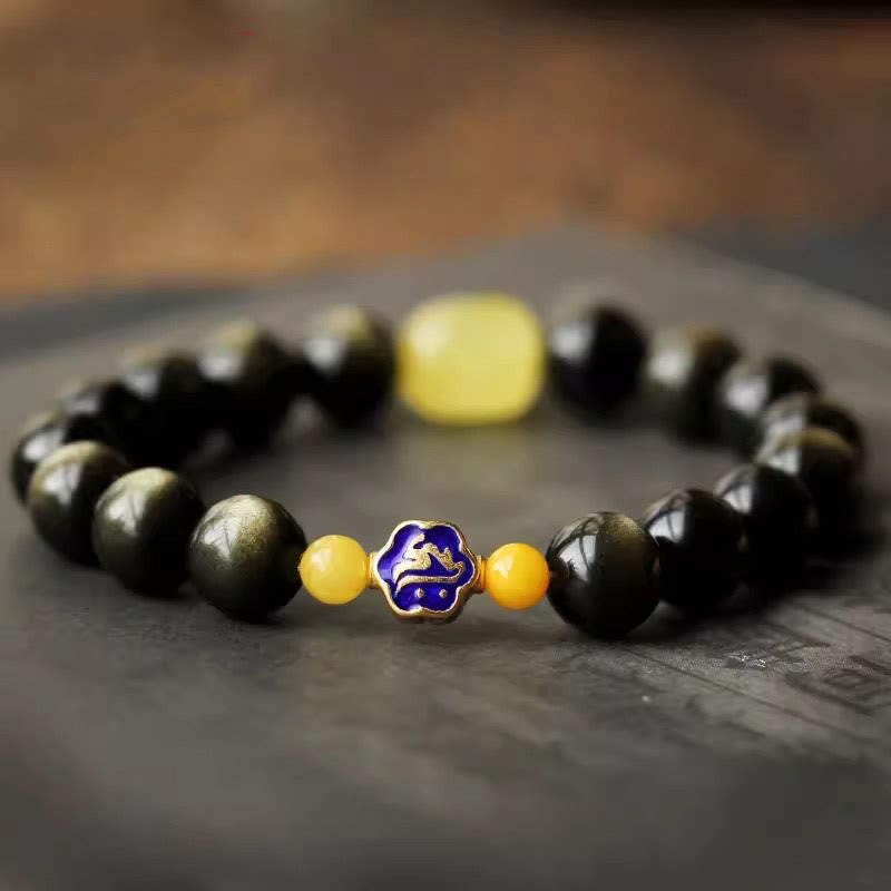 Bracciale Buddha Stones 925 Sterling Silver Zodiaco Cinese Buddha Natale Naturale Oro Lucentezza Ossidiana Ambra Protezione Ricchezza - image 1