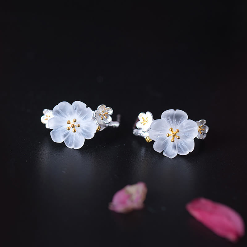 Orecchini Buddha Stones in argento sterling 925 con fiori di prugna e benedizione floreale