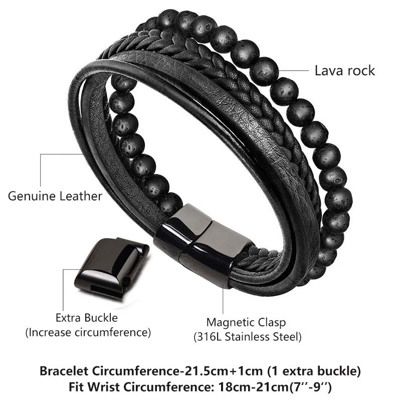 Bracciale in pelle con perline di onice nero e roccia lavica naturale Buddha Stones