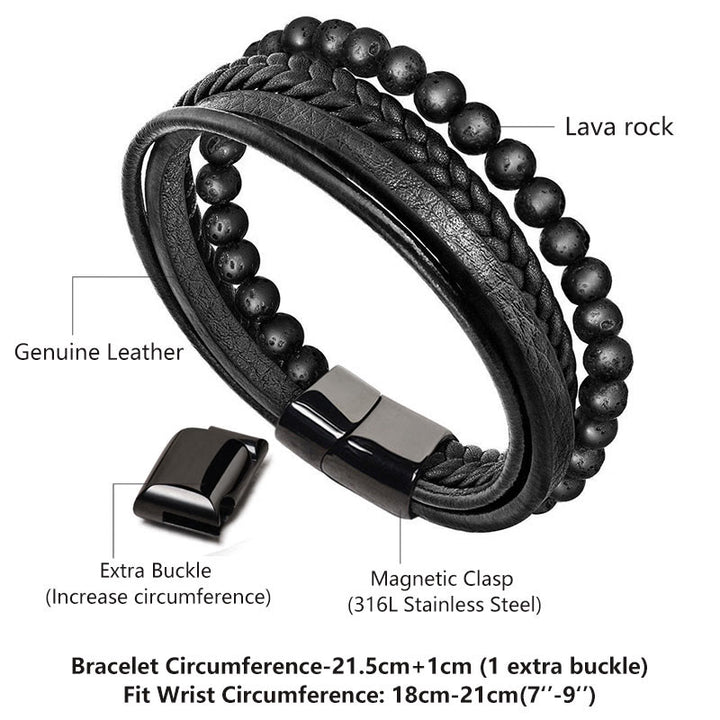 Bracciale in pelle con perline di onice nero e roccia lavica naturale Buddha Stones
