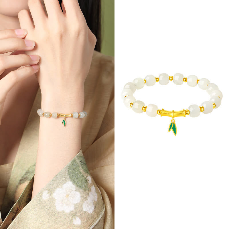 Braccialetto della fortuna in bambù e giada bianca Hetian in argento sterling 925 Buddha Stones
