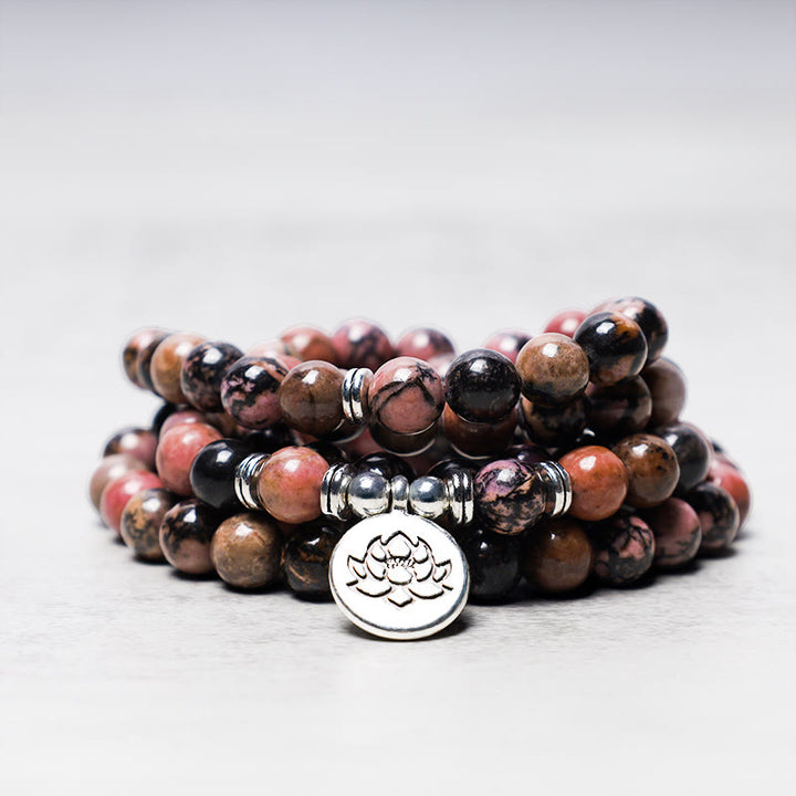 Buddha Stones 108 Mala Beads Rhodonite Lotus Compassion Energy Bracciale