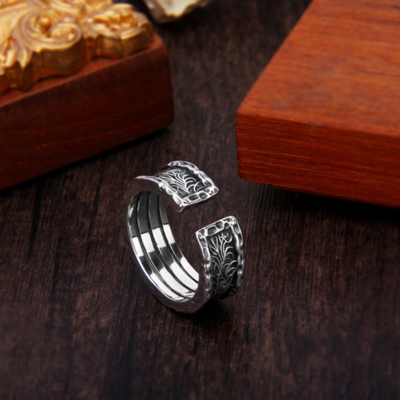 Anello regolabile con design a forma di fiore della dinastia Tang in argento sterling 925 Buddha Stones