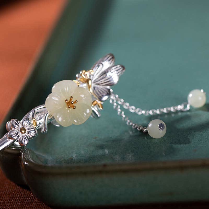 Forcina per capelli con fiore di giada bianca Hetian in argento sterling 925