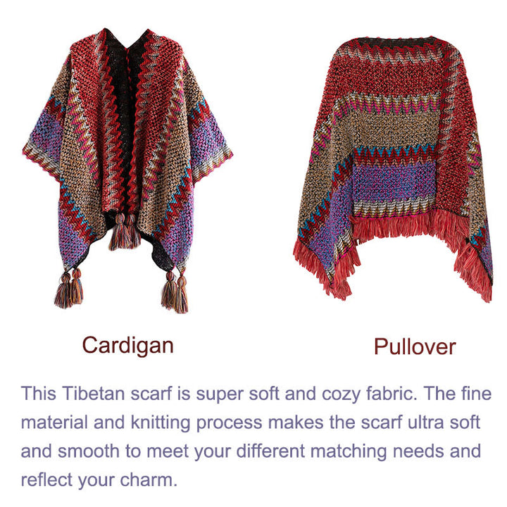 Scialle tibetano lavorato a maglia con Buddha Stones, mantello caldo, sciarpa tibetana con nappe