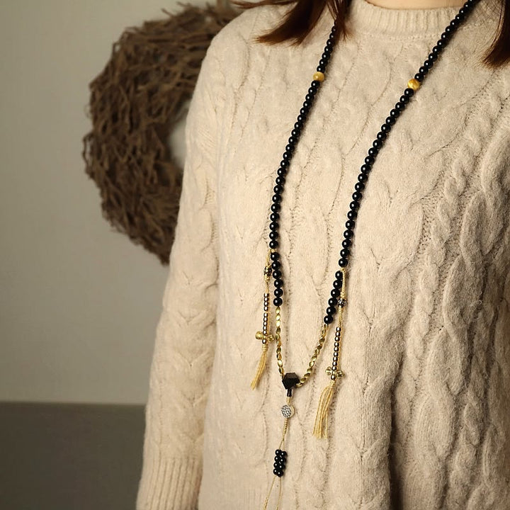 Buddha Stones Tibetano 108 Mala Beads Onice Nero Tre Occhi Dzi Beads Bracciale di Protezione