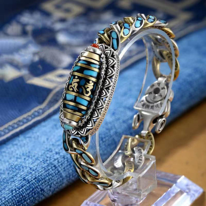 Buddha Stones Tibetano Nove Occhi Dzi Bead Om Mani Padme Hum Turchese Protezione Bracciale Rotante - Om Mani Padme Hum(Amore♥Concentrazione) - 22 cm adatto per circonferenza polso 20 cm - image 3