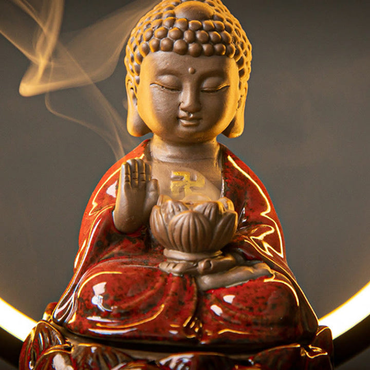 Buddha Stones Buddha Lotus Fontana di fumo a riflusso Bruciatore di incenso di benedizione in ceramica con decorazione luminosa
