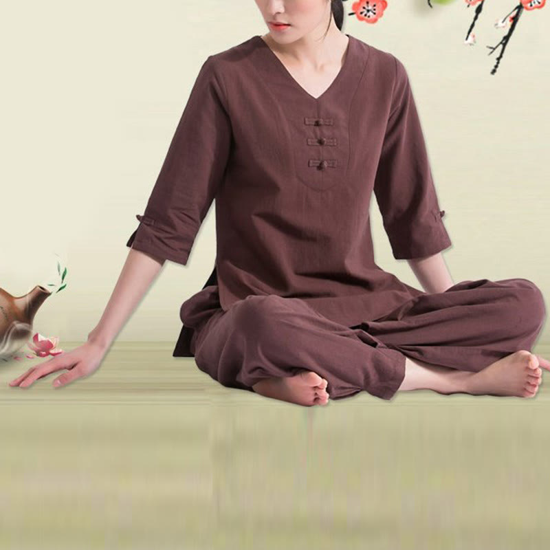 Buddha Stones Yoga Meditazione Preghiera Scollo a V Design Cotone Lino Abbigliamento Uniforme Zen Pratica Set da Donna