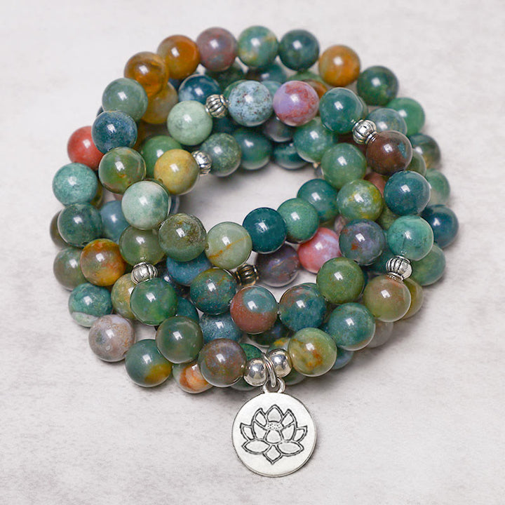 Buddha Stones 108 Mala Beads Agata indiana Loto OM Buddha Albero della vita Braccialetto di calma positiva