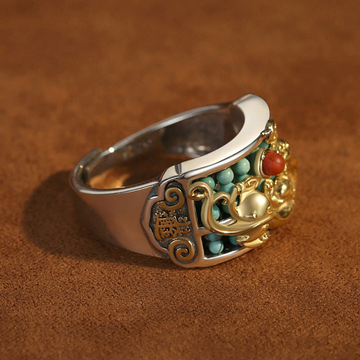 Anello di protezione PiXiu Abacus in argento sterling 925 Buddha Stones e agata rossa turchese