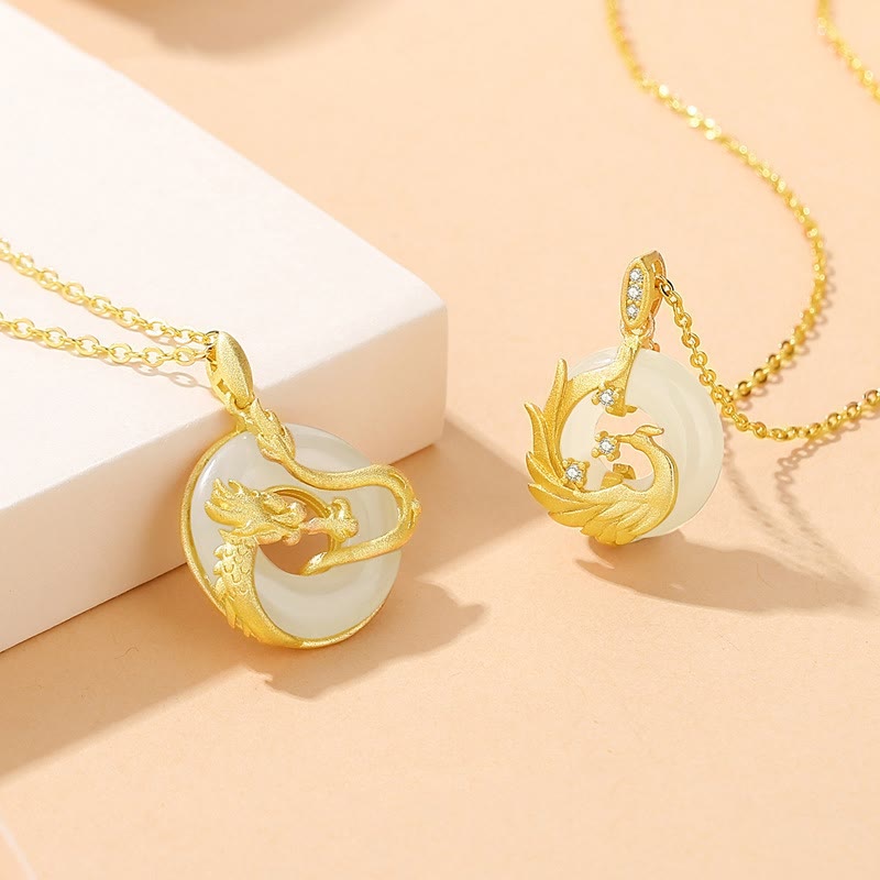 Buddha Stones Argento Sterling 925 Anno del Drago Giada Hetian Drago d'Oro Fenice Fibbia della Pace Collana con Pendente della Fortuna - image 1