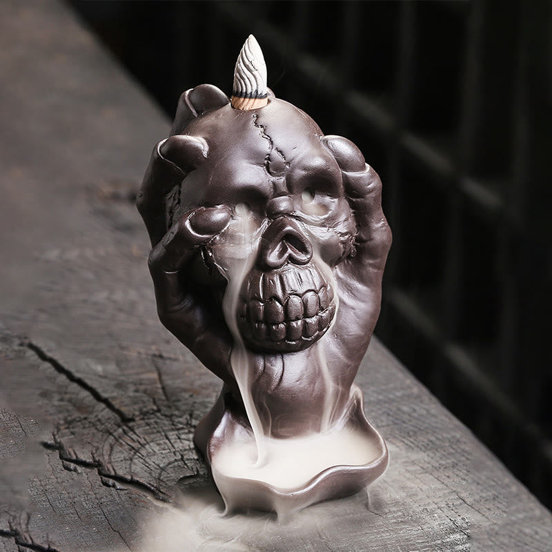 Buddha Stones Halloween Skull con mano fantasma Decorazione bruciatore di incenso spirituale in argilla viola