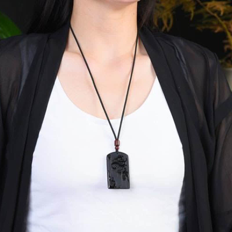 Collana con ciondolo di successo con drago e fenice in ossidiana nera - image 3