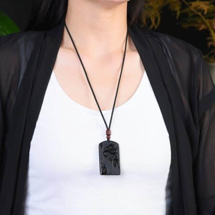Collana con ciondolo di successo con drago e fenice in ossidiana nera - image 3