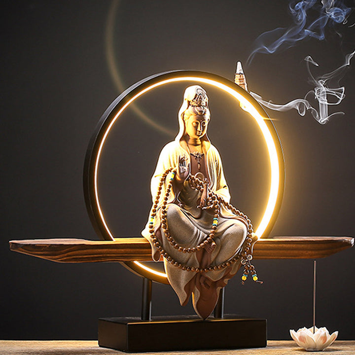 Buddha Stones Buddha Avalokitesvara Ceramica Loto Rilassamento Bruciatore di Incenso Decorazione