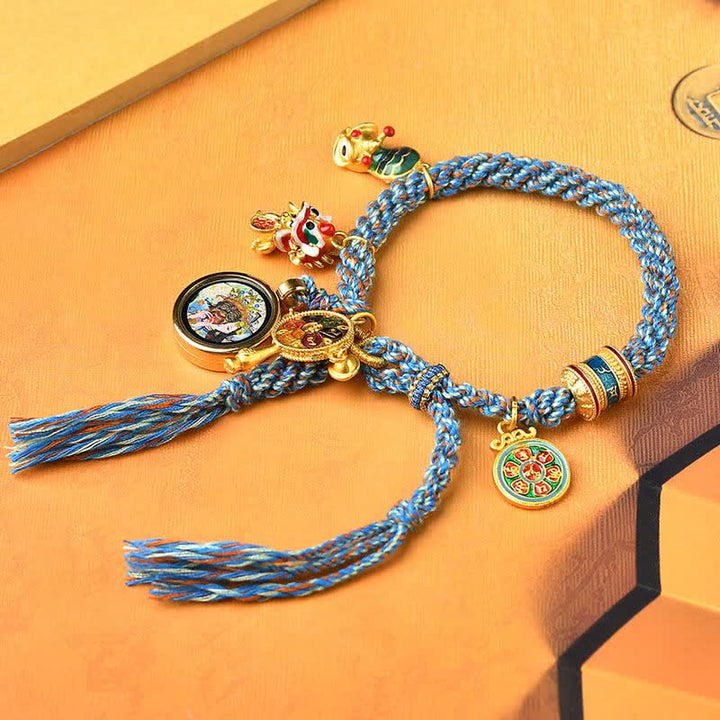 Braccialetto con corda intrecciata Thangka Tibetano Zakiram Dea della Ricchezza Ruota della Fortuna
